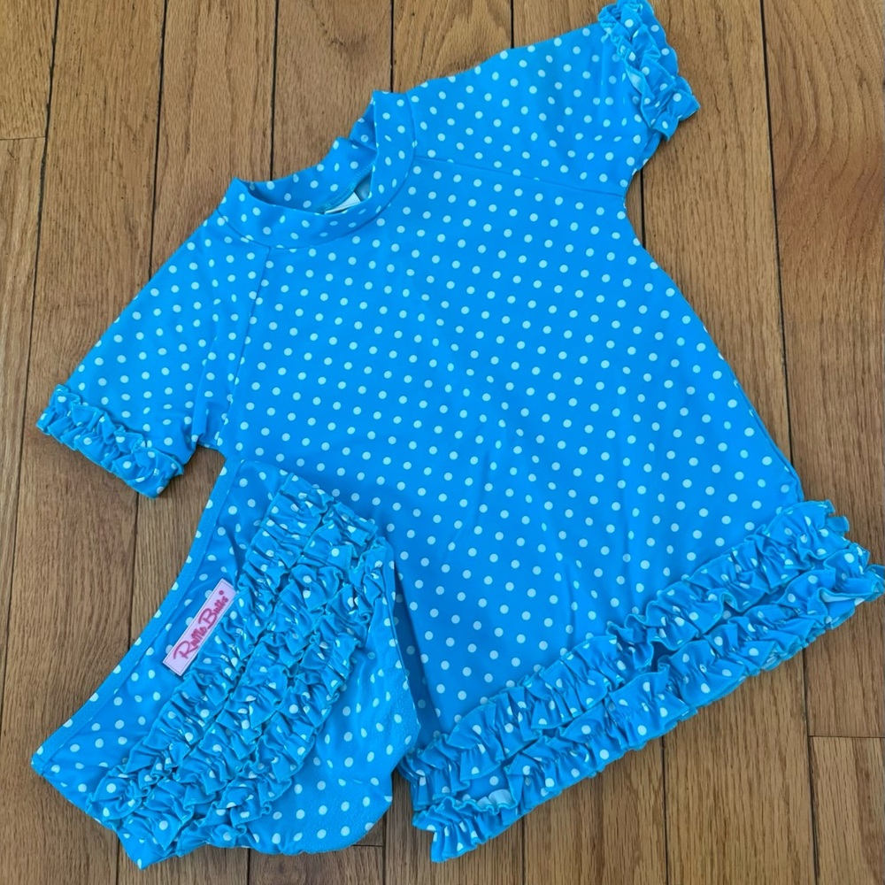 Girls Turquoise Blue Polka Dot RuffleButts Swim Set - Size 6